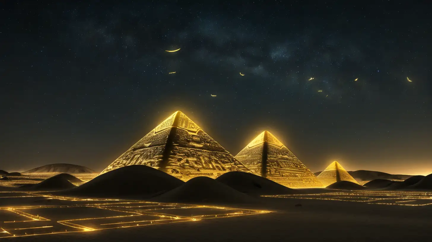 Mystical Night Sky with Golden Glowing Hieroglyphs
