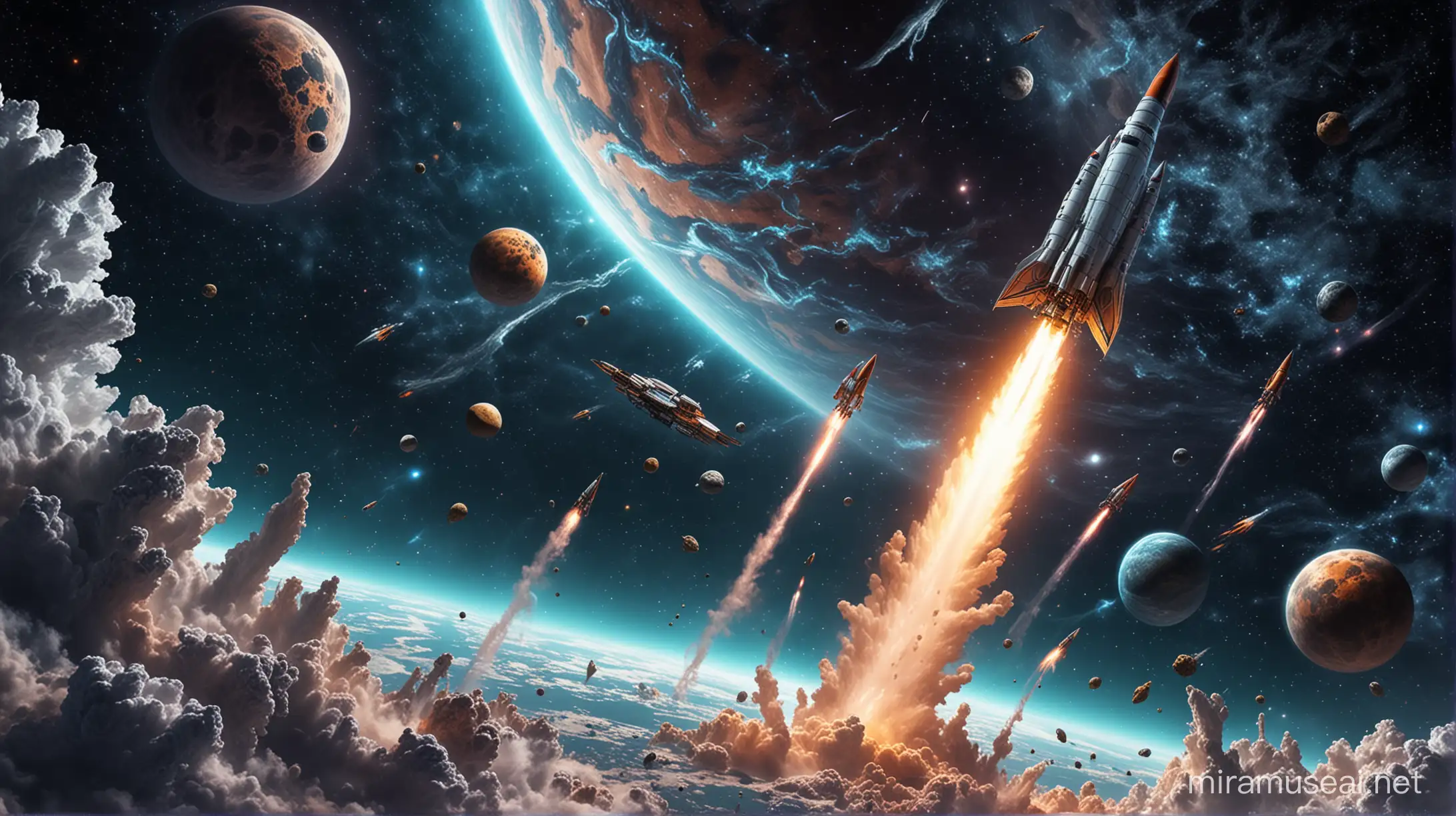 outer space with rockets with crypto backgrounds