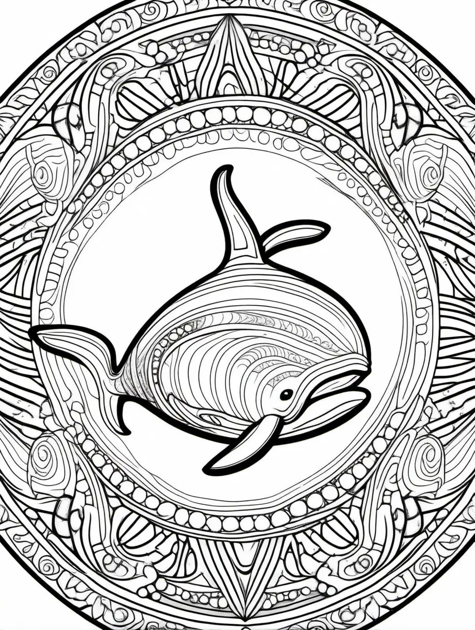 coloring page for children, mandala, whales images, white background, clear line art, fine line art