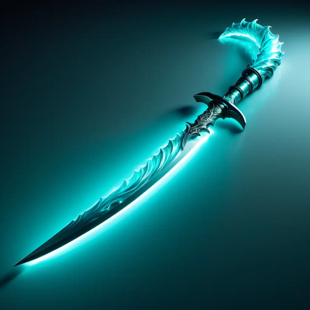 Luminous, teal, curved saber that looks like an ocean wave