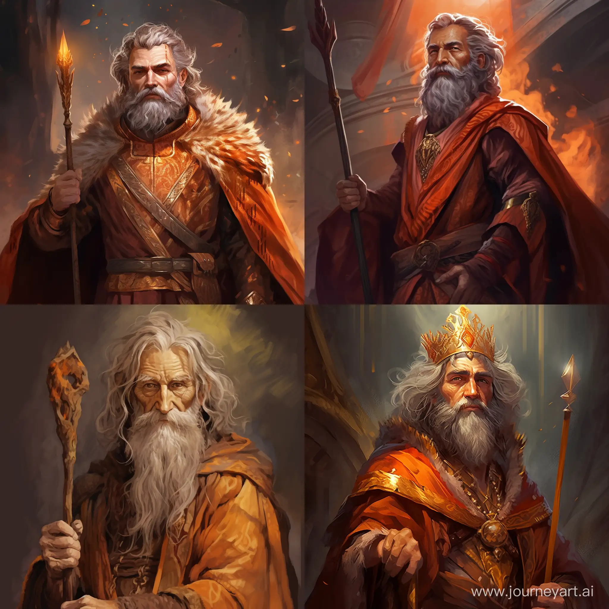Greg rutkowsky style, kráľ, čarodejník, druid, elf, s kuzelnou paliciou v ruke, oblečenie v oranžovo hnedom prevedení
