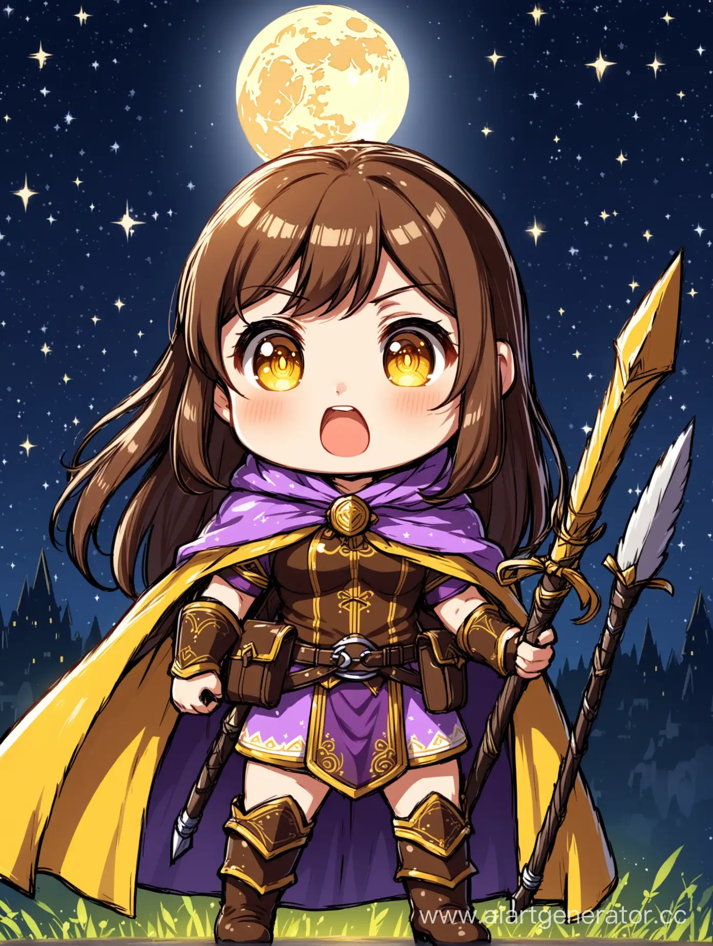 female adventurer with long brown hair and bangs, surprised face, wearing a long yellow and purple cloak and high boots, armed with quiver and bow against a night moon), close-up, high detail, chibi style