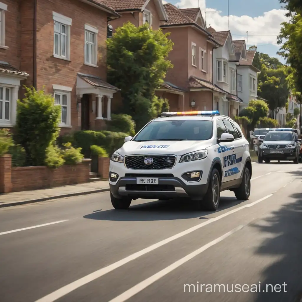 A police sorento is speeding down the road inside a residential street
