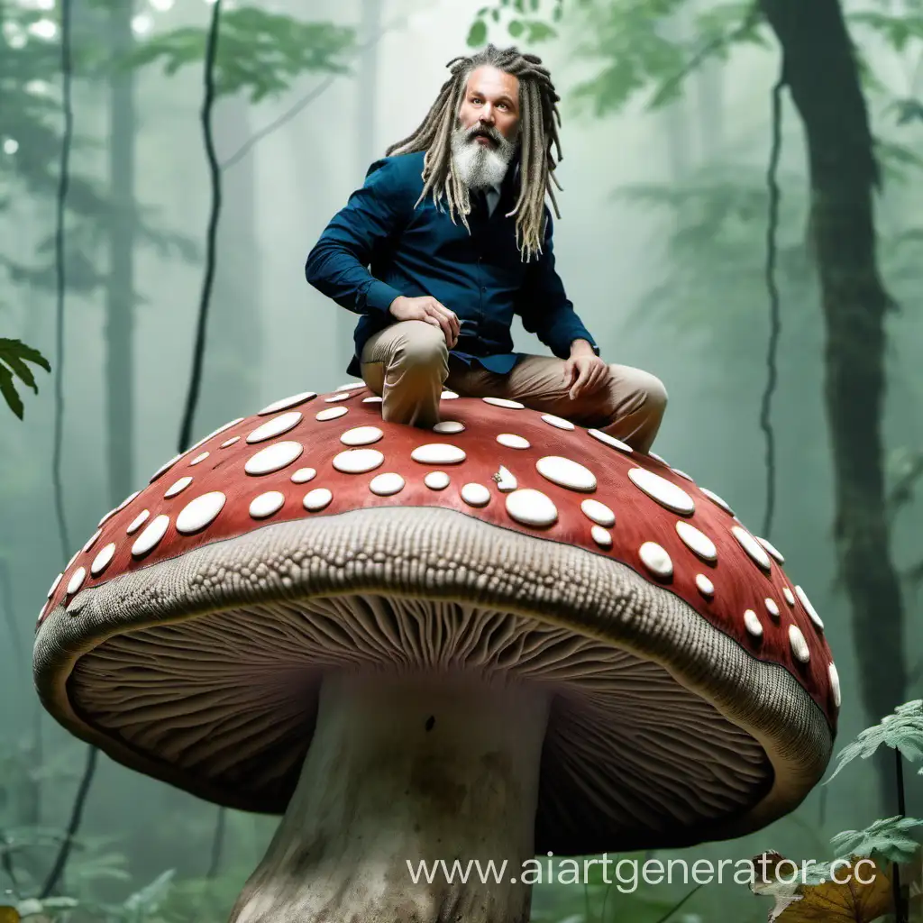 Eccentric-Elderly-Man-Riding-Giant-Mushroom-in-Enchanting-Forest