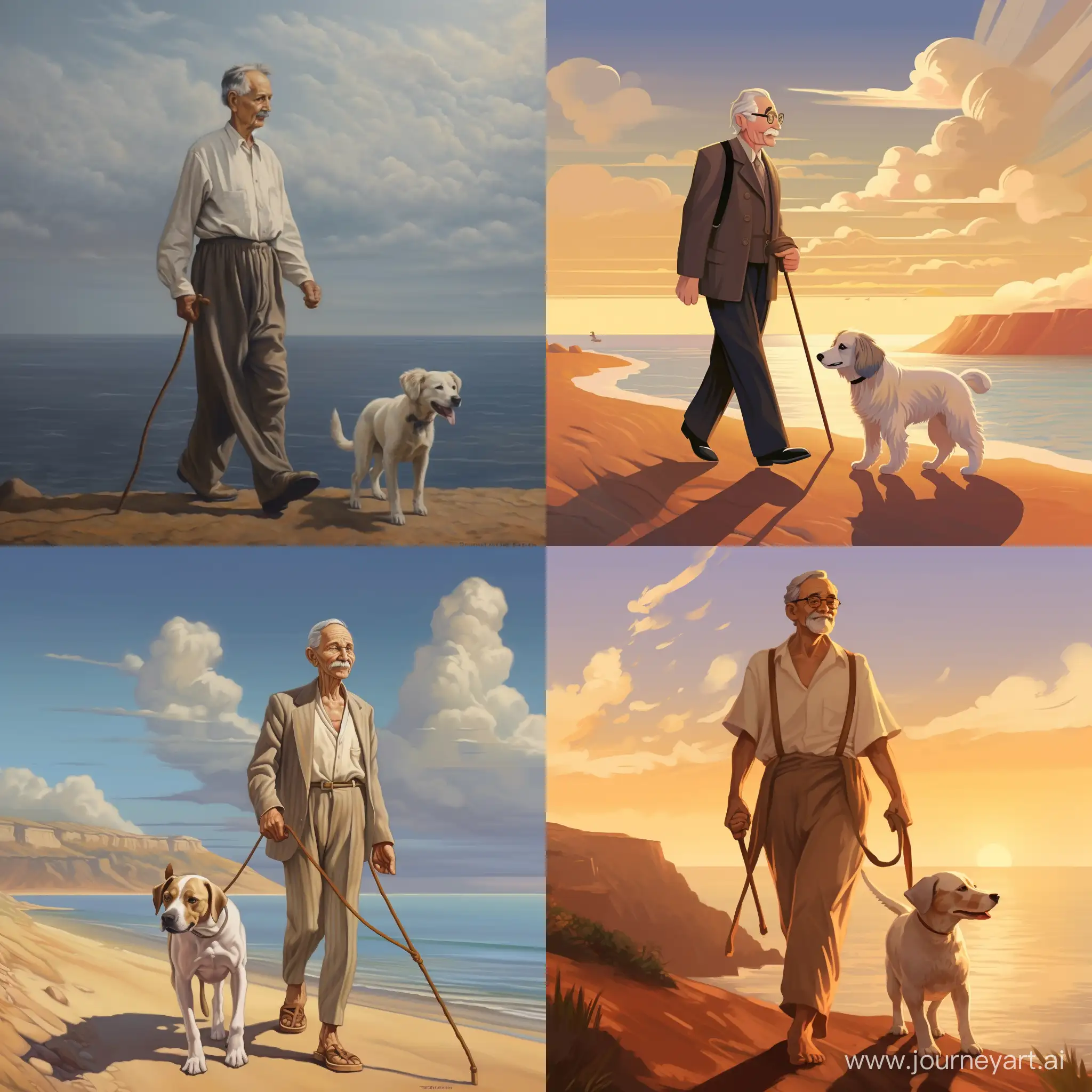 пожилой мужчина с усами и животиком гуляет возле моря с собакой алабаем