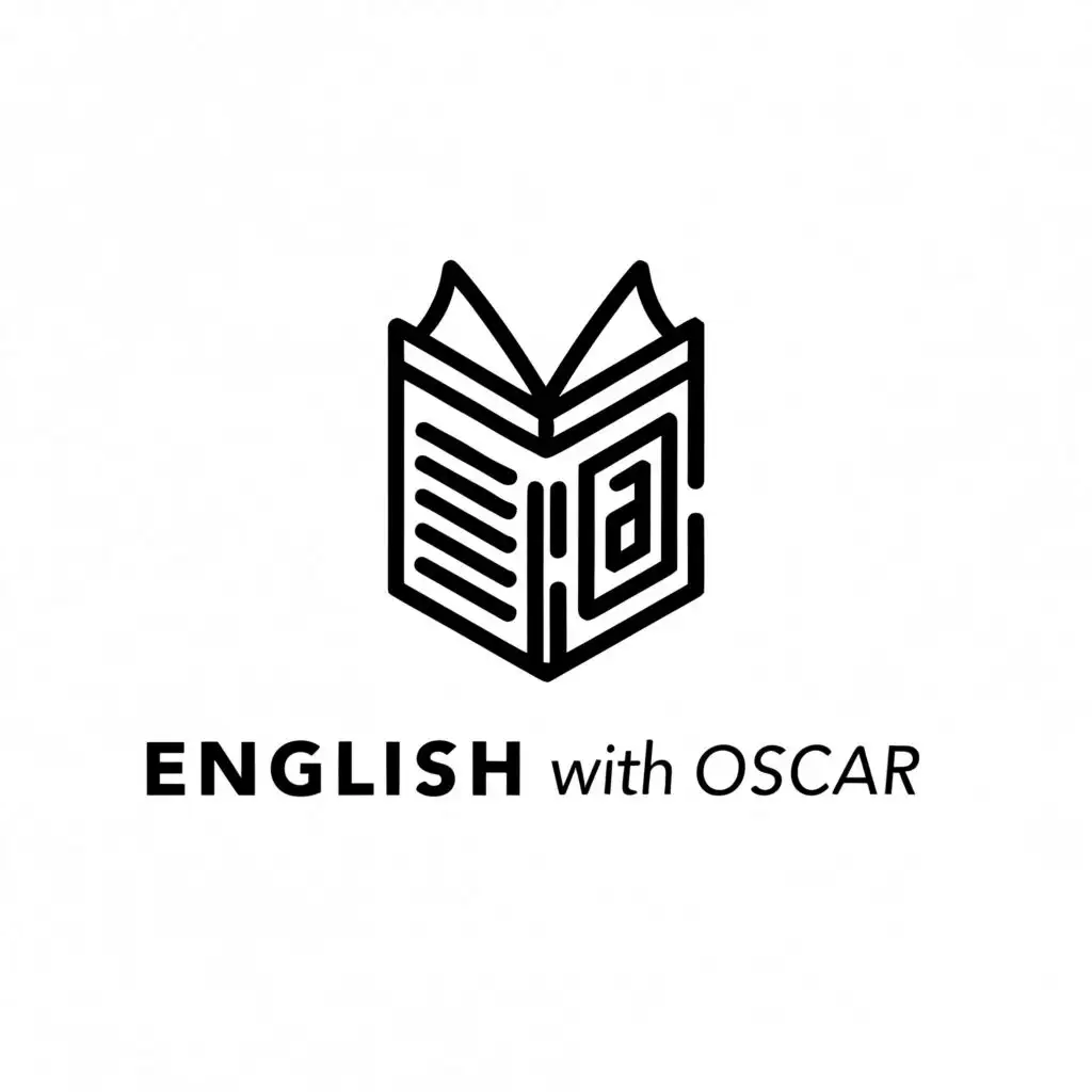 logo, Create a minimalist style logo for my teaching business. I teach my adult students through literature. Give me some ideas to do with books. Make it black and white, with the text "English With Oscar", typography