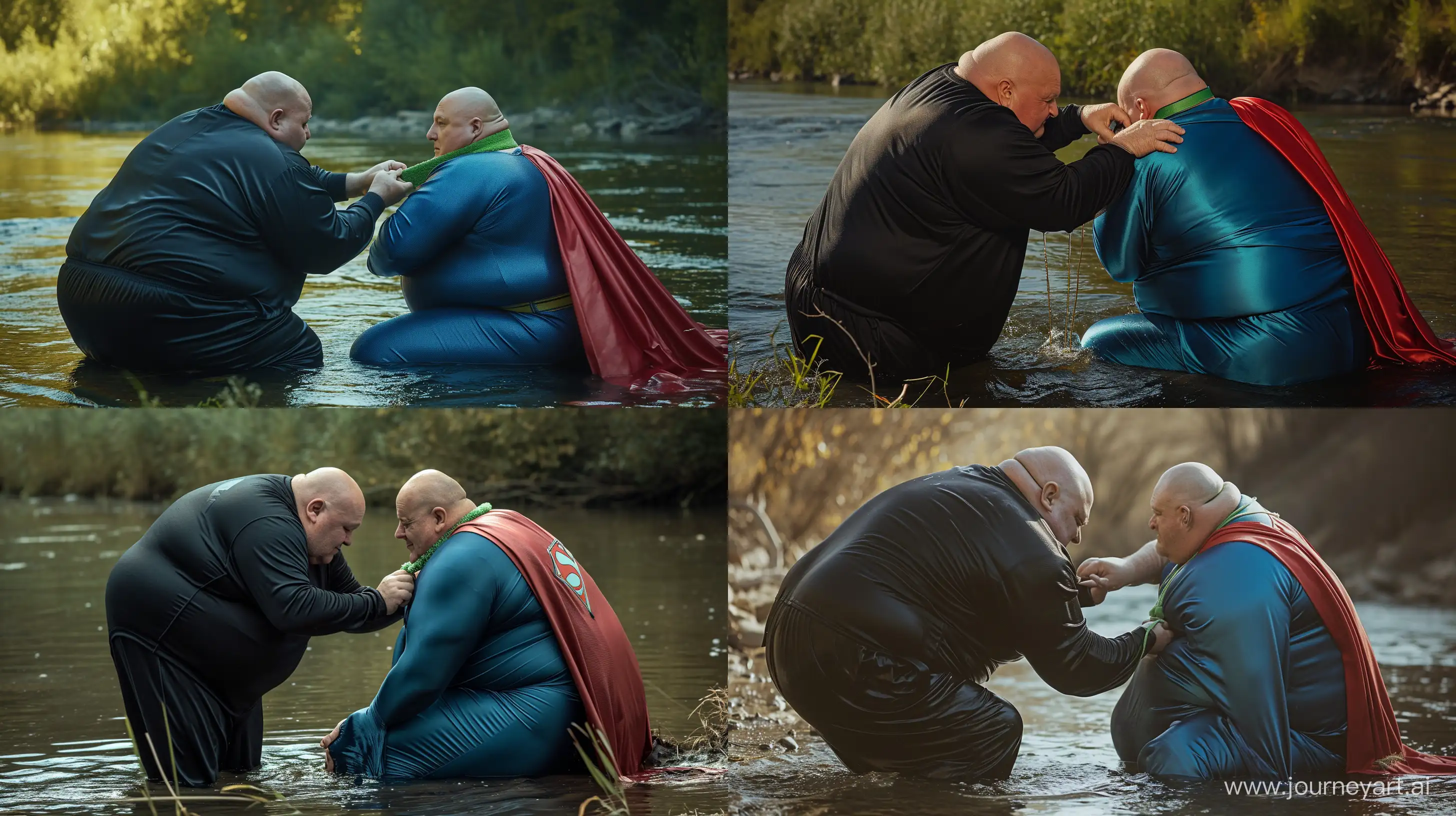 Back view photo of two chubby man aged 60 wearing a silky black tracksuit, bending and tightening a green small short dog collar on the face of another chubby man aged 60 sitting in the water and wearing a tight blue silky superman costume with a large red cape. River. Outside. Natural light. Bald. Clean Shaven. --style raw --ar 16:9 --v 6