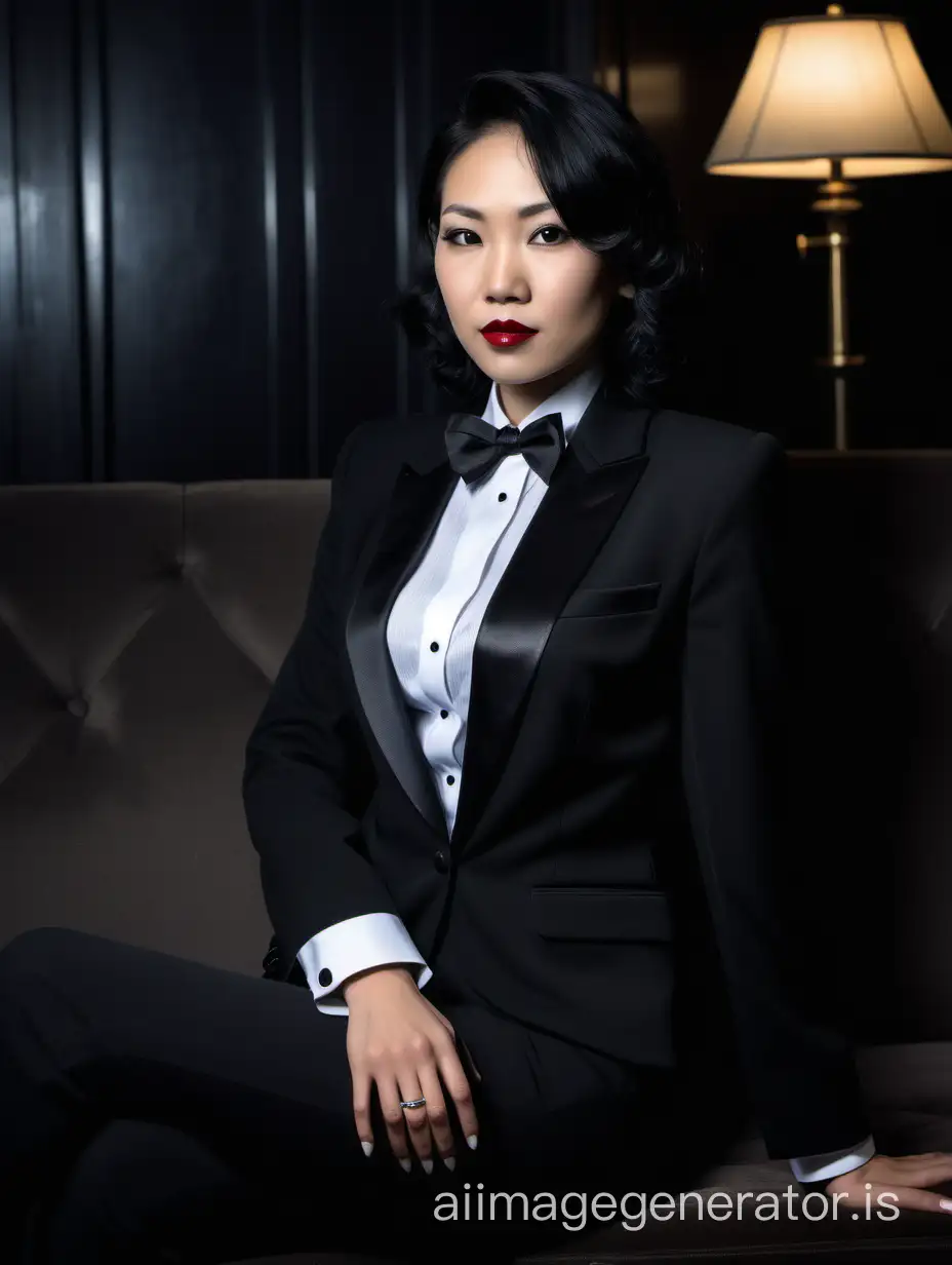 Confident-Asian-Woman-in-Elegant-Tuxedo-Sitting-on-Dark-Couch