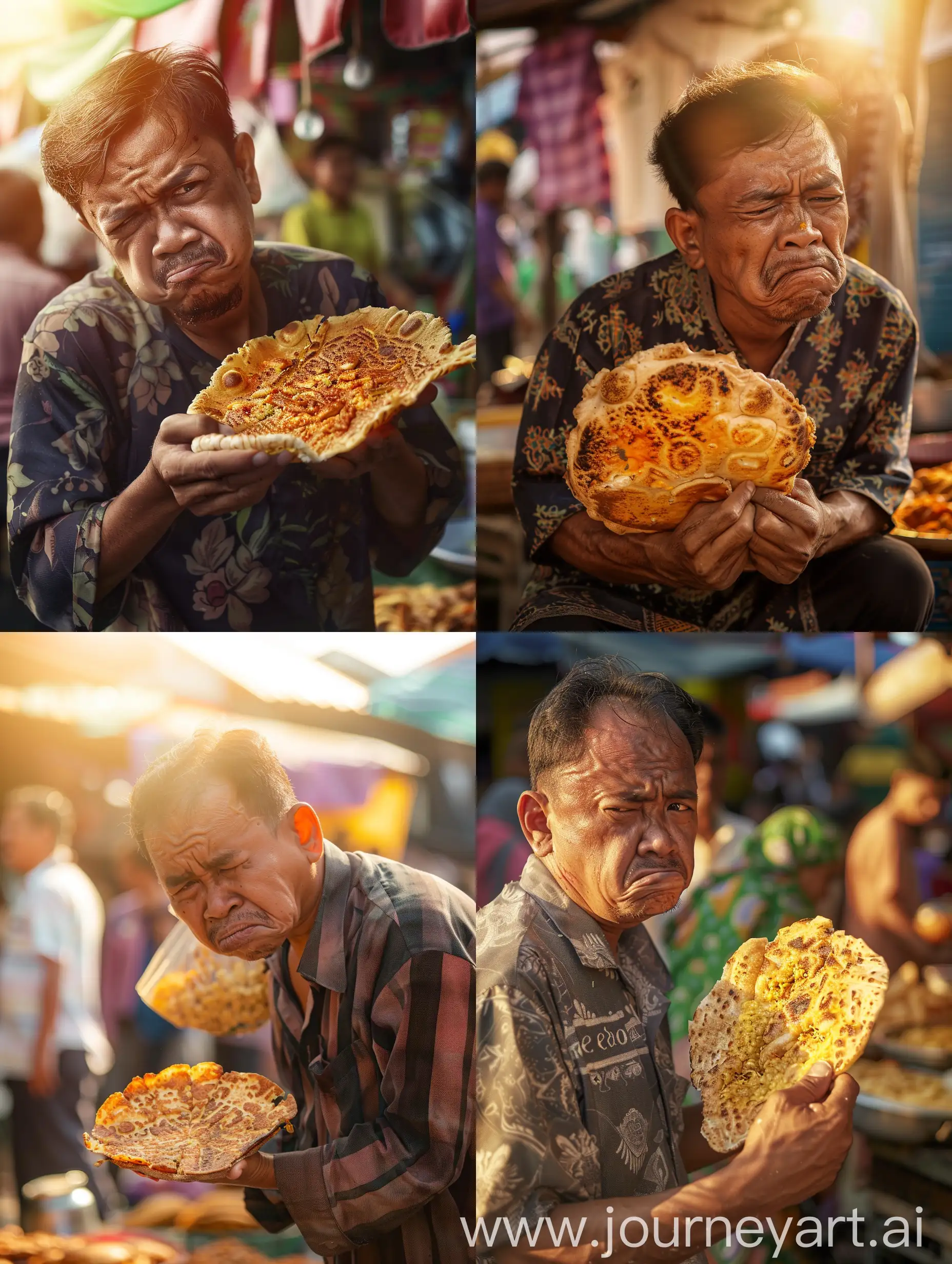 
ultra realistic a malay man holding roti john with an annoyed face. The man was wearing Malay clothes and was hunched over. ramadan bazaar background, people buy food to break fast. atmosphere in the evening. there is sunlight.  canon eos-id x mark iii dslr --v 6.0