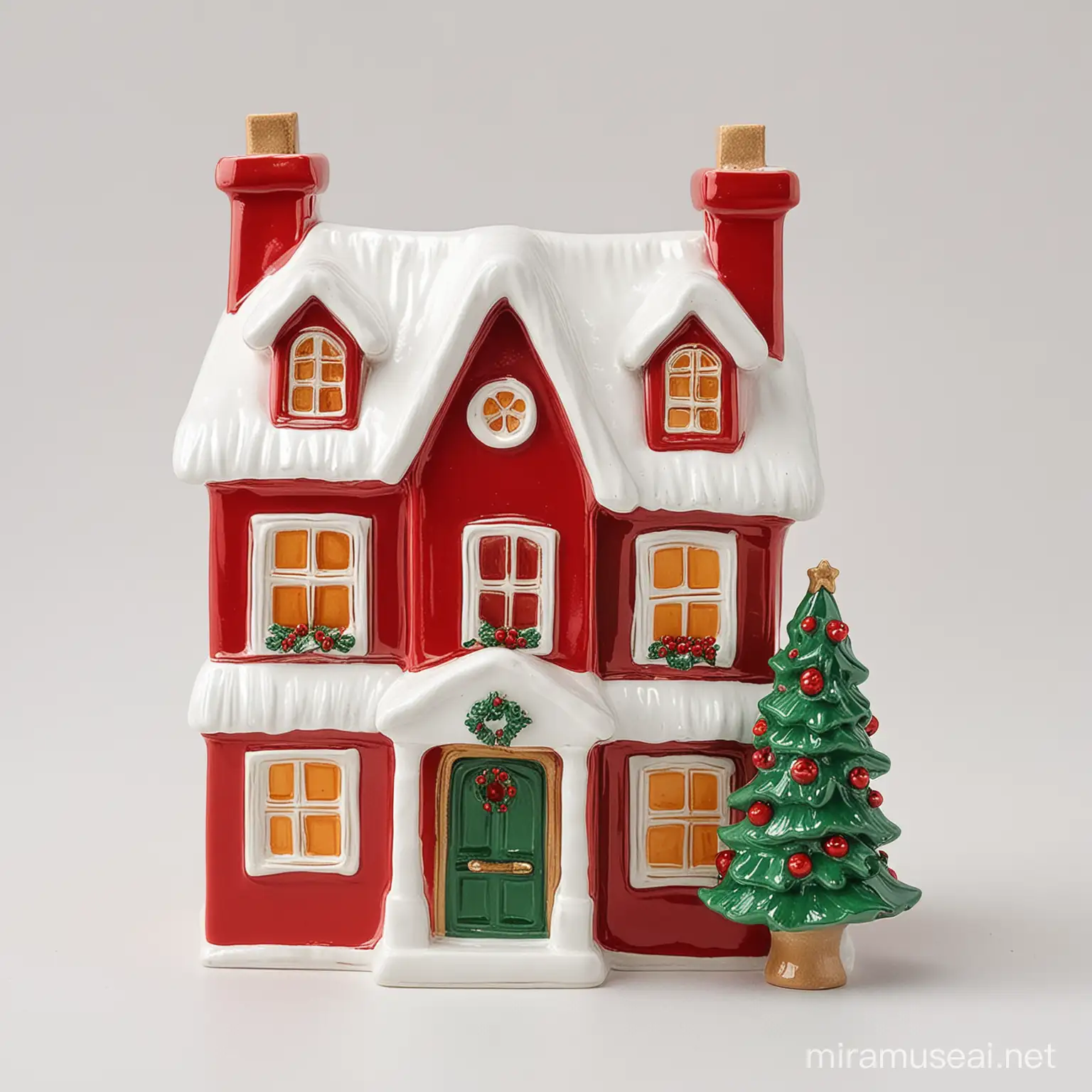 Festive Red and Green Ceramic Christmas House on White Background