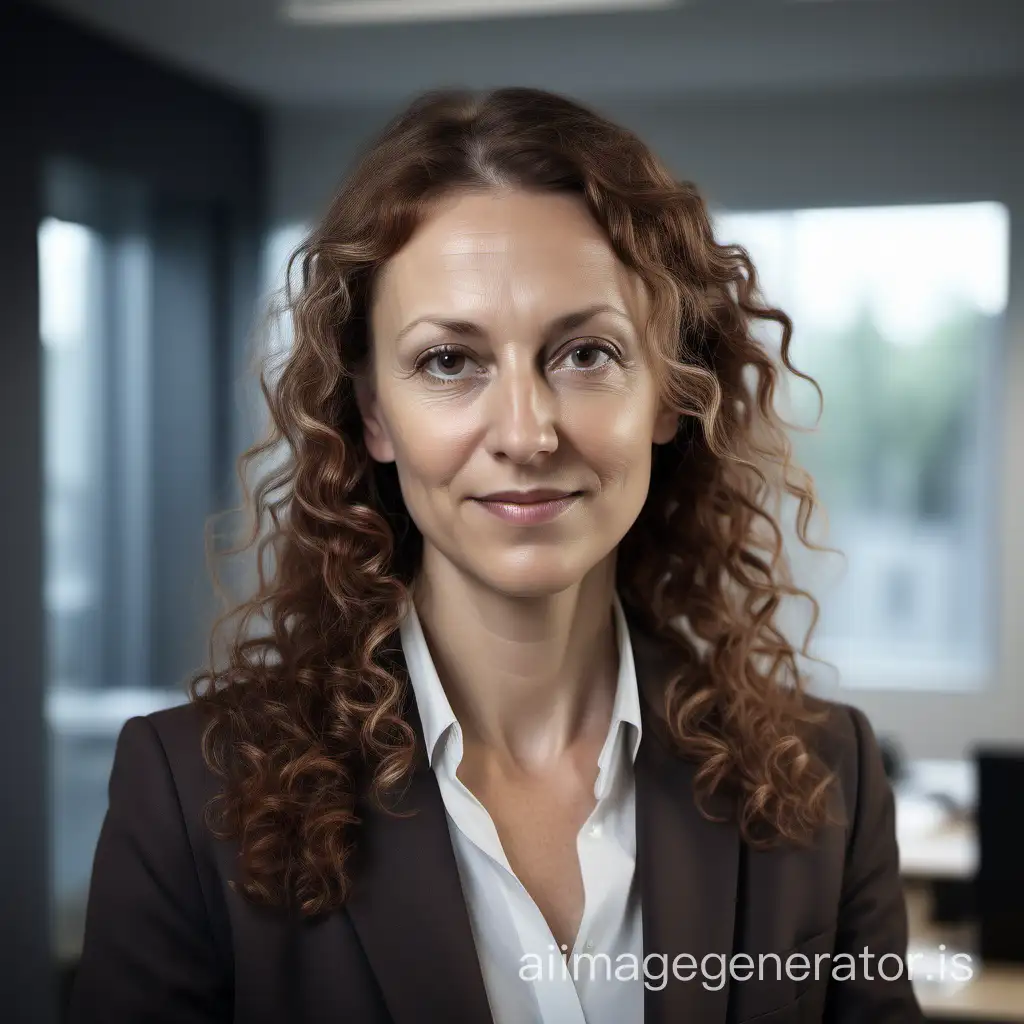 Swedish Female HR boss 37 years old brown long slightly curly hair in modern office