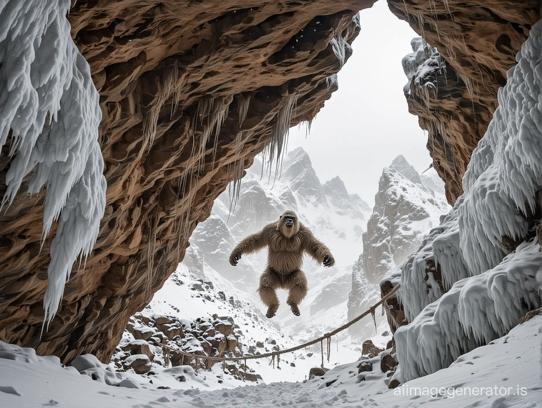 Yeti jumping out of a cave on a snowy mountain pass. rope bridges in the background
