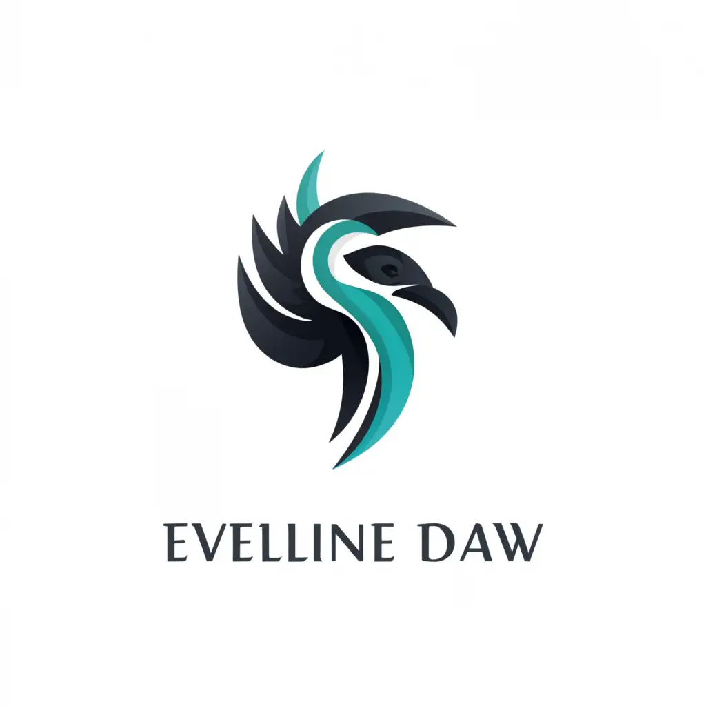 a logo design,with the text "Eveline Daw", main symbol:abstract painted crow head twirls inside feathery water droplet, minimal lines, simple cold colors,Minimalistic,be used in Entertainment industry,clear background