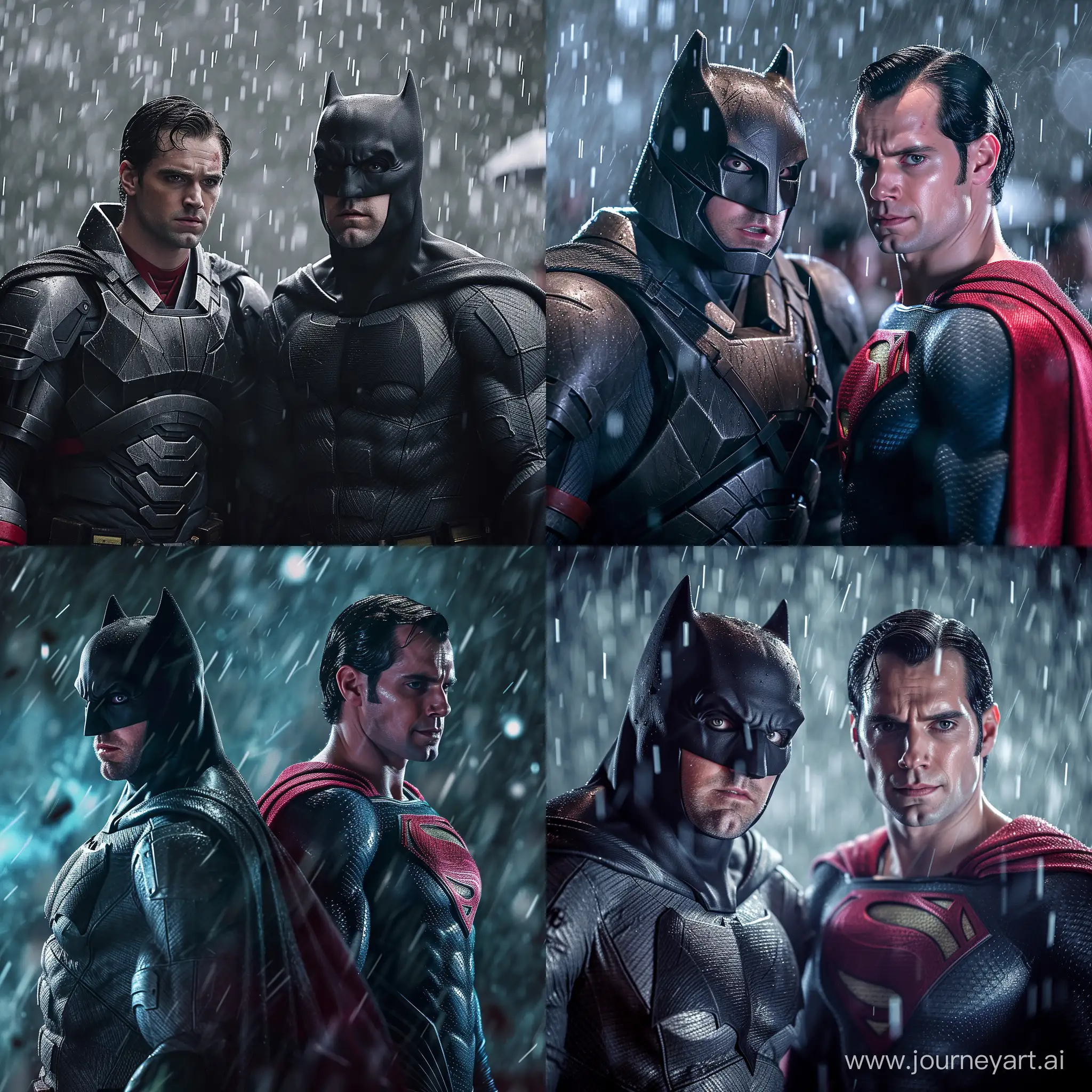 hyper realistic the batman Robert Pattinson and Henry Cavill wearing super man suit , realistic in the rain depth of field, dynamic