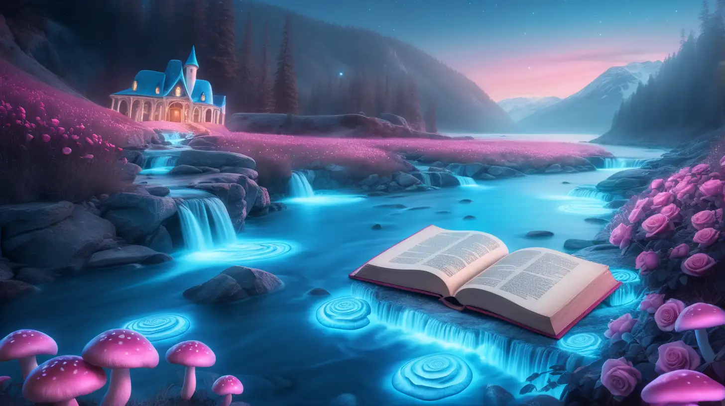 fairytale magical glowing blue mushrooms and roses in a glowing bright blue river in the mountains by ocean cliffs with a book having pink mushrooms growing out of it