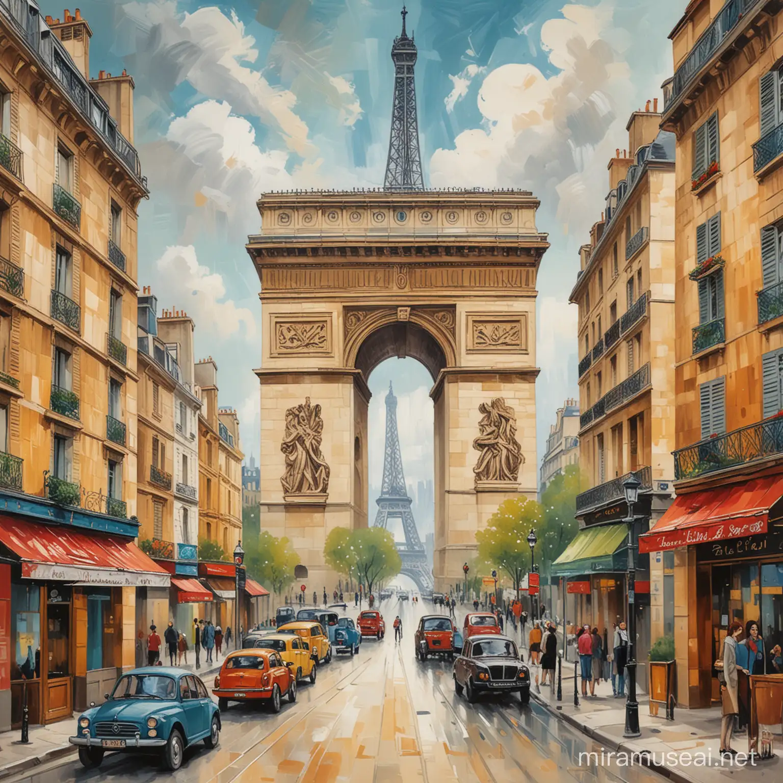 un tableau style picasso avec en rappel des monuments parisiens tel que tour eiffel et arc de triomphe