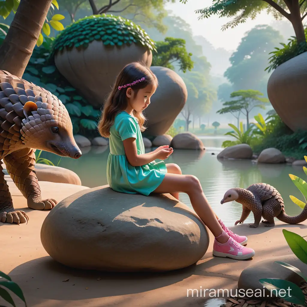 assise sur une pierre, jeune fille observe cycle de la nature avec pangolin curieux