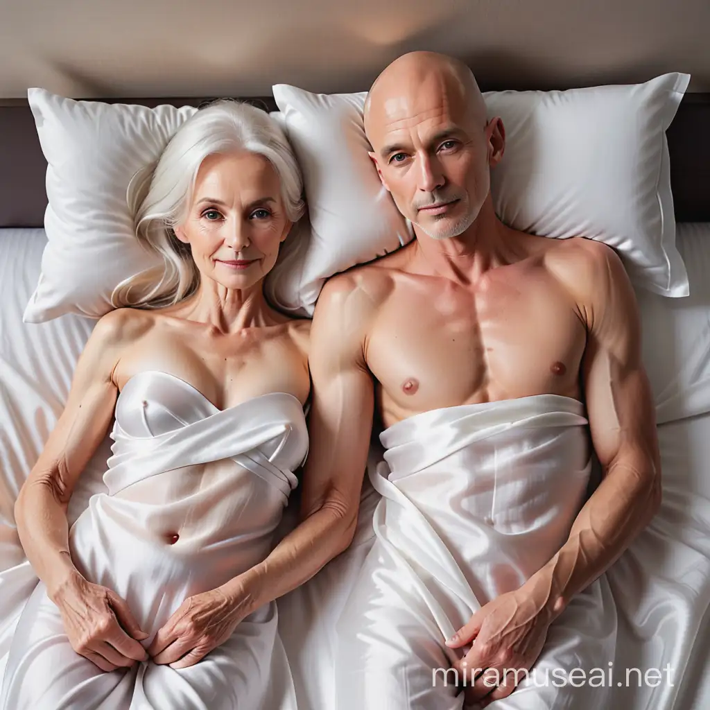Intimate Moment Young Man and Older Woman Lying in Silk Sheets