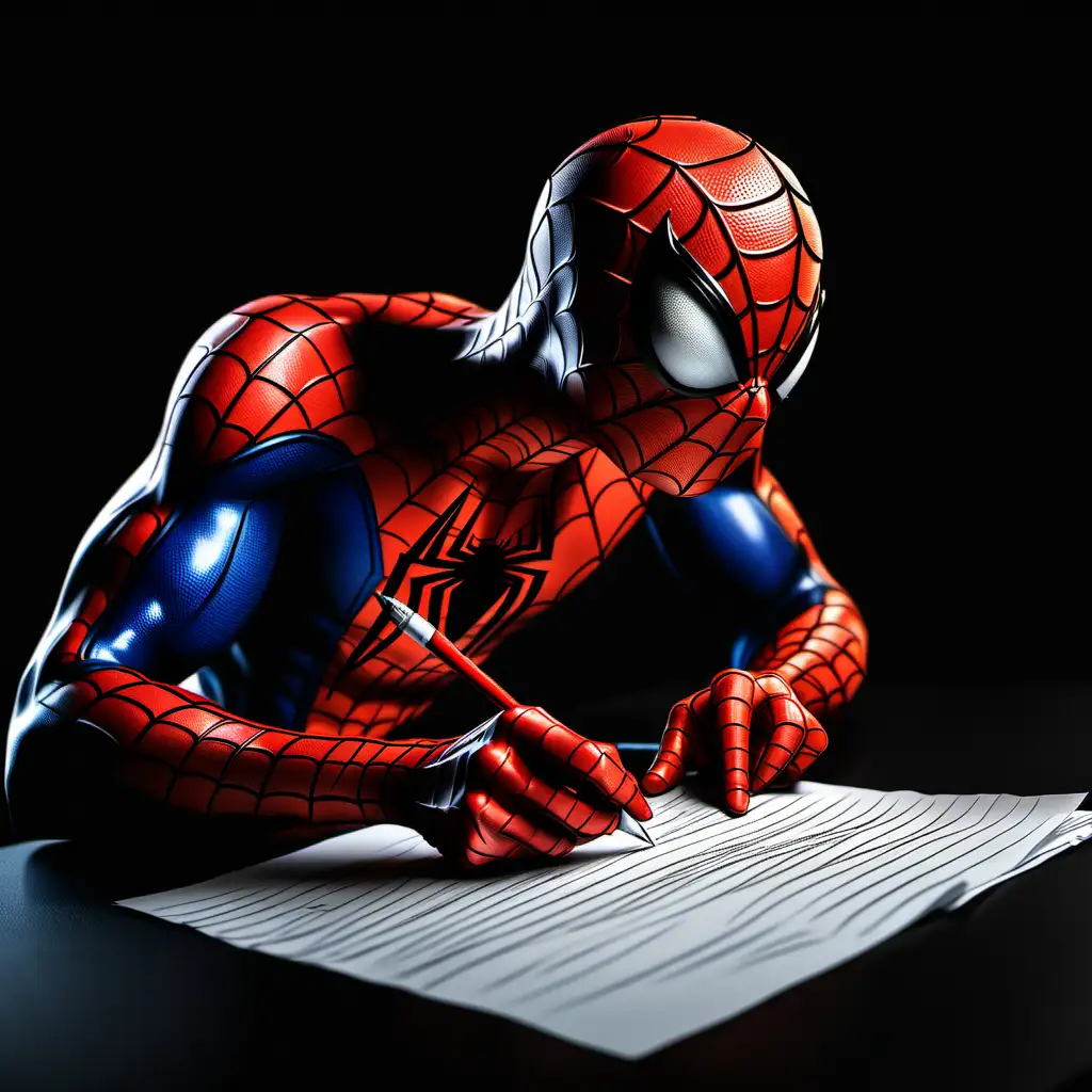 Spiderman writing something on paper, black background