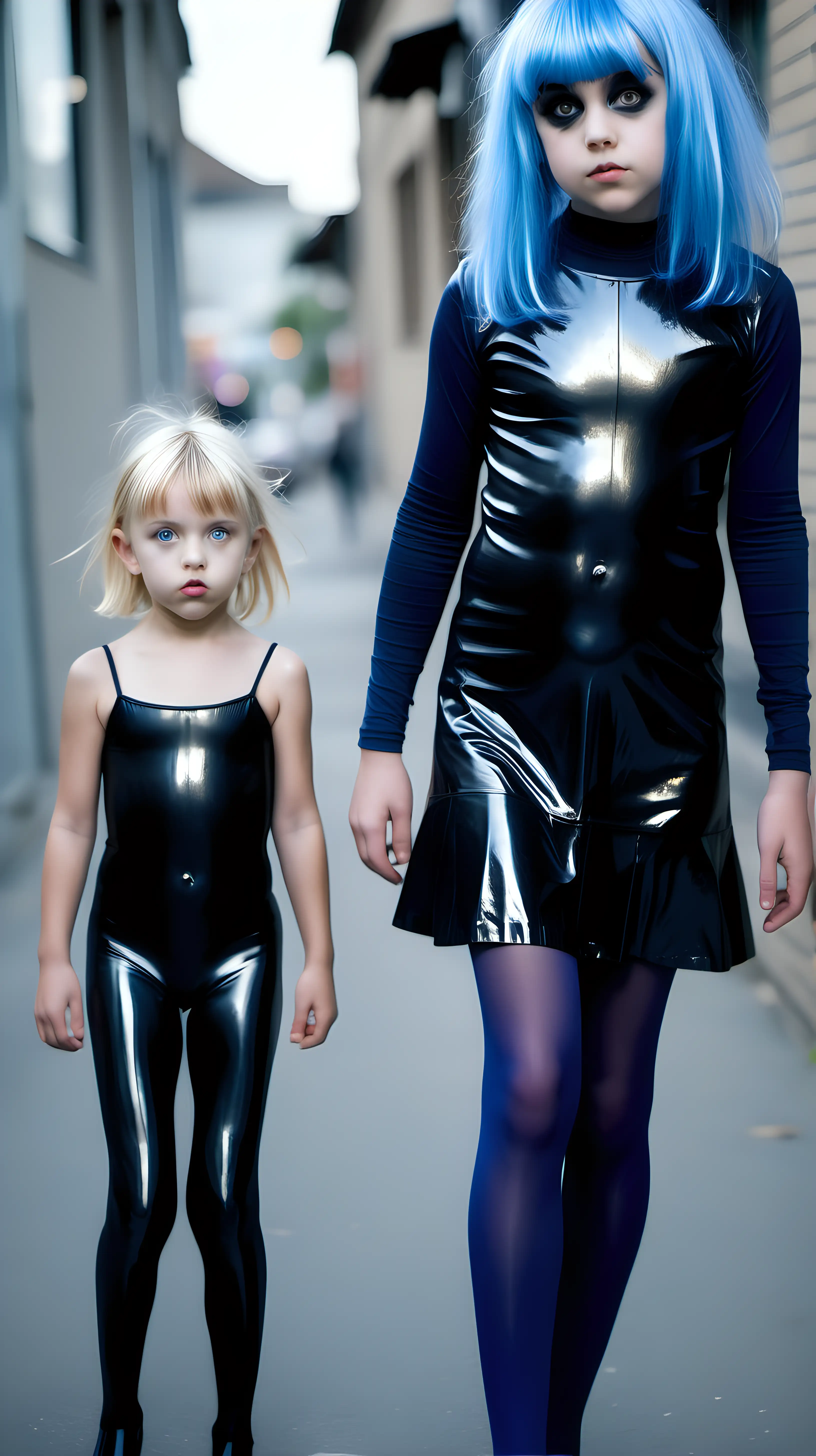 Gothic Mother and Daughters Strolling in Cellophane Attire