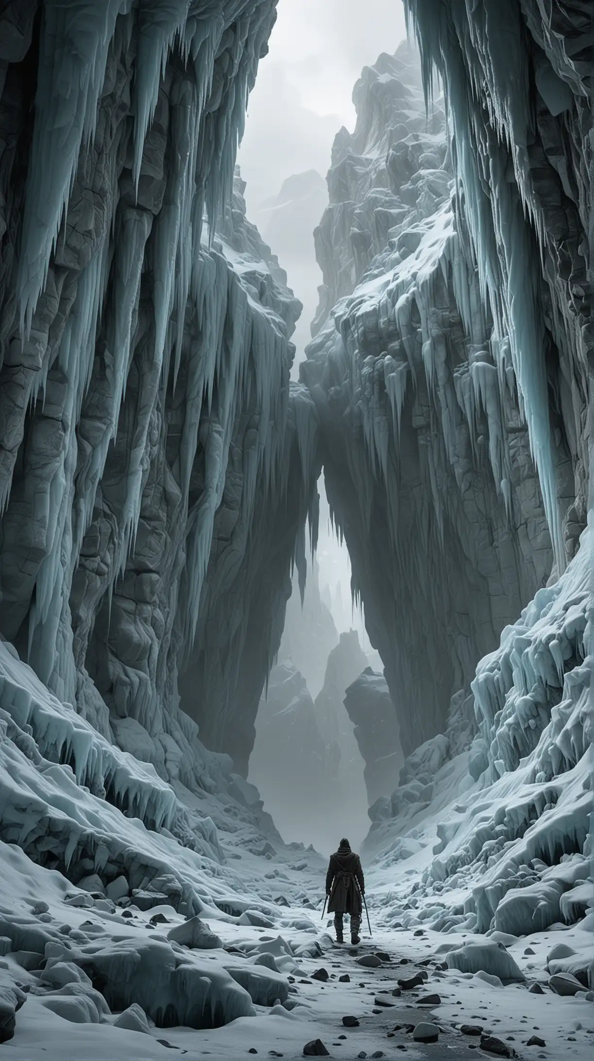  A figure stands amidst towering glaciers and frozen landscapes, their breath forming clouds of mist in the frigid air. Yet, lurking within the frozen depths, shadowy figures begin to emerge, their icy fingers reaching out to ensnare the figure in their icy grasp as they confront the frozen dread of eternal winter.