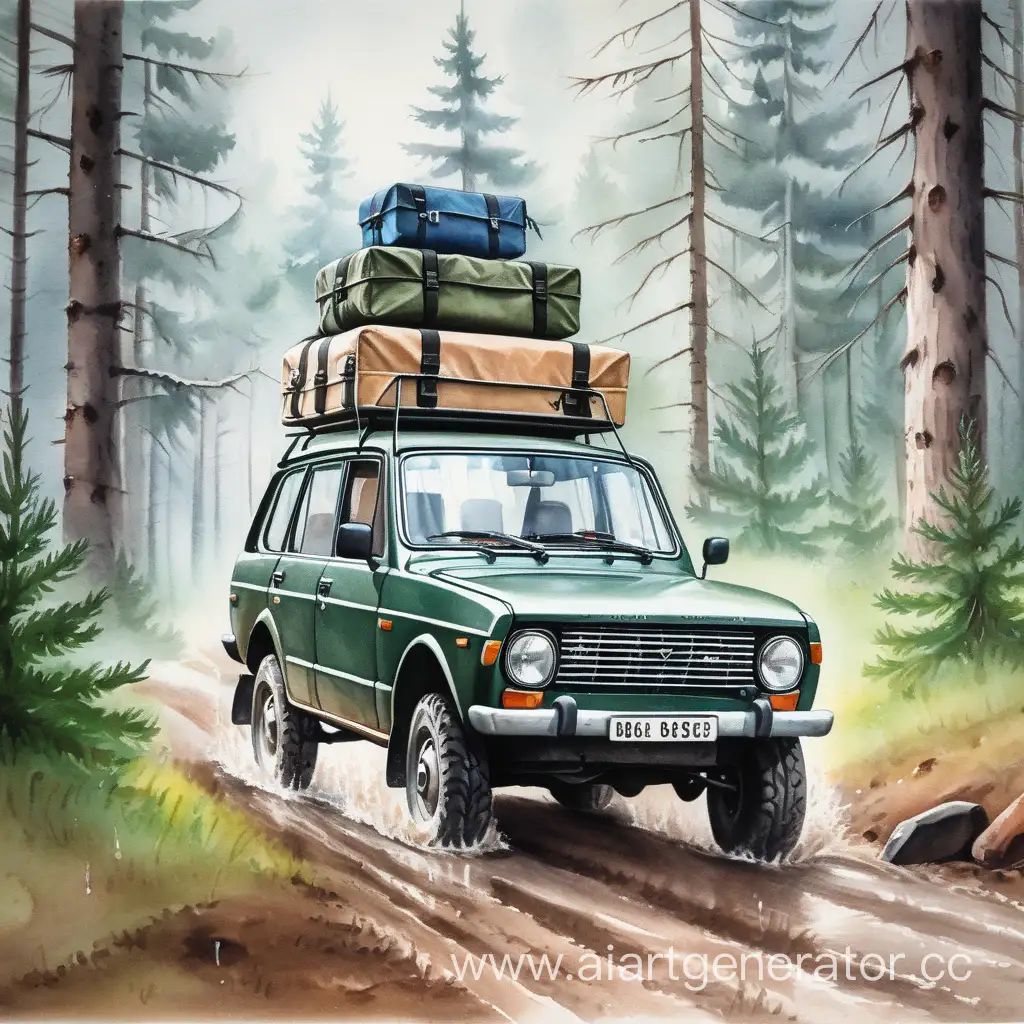 OffRoad-Adventure-Moskvich-Car-in-Coniferous-Forest