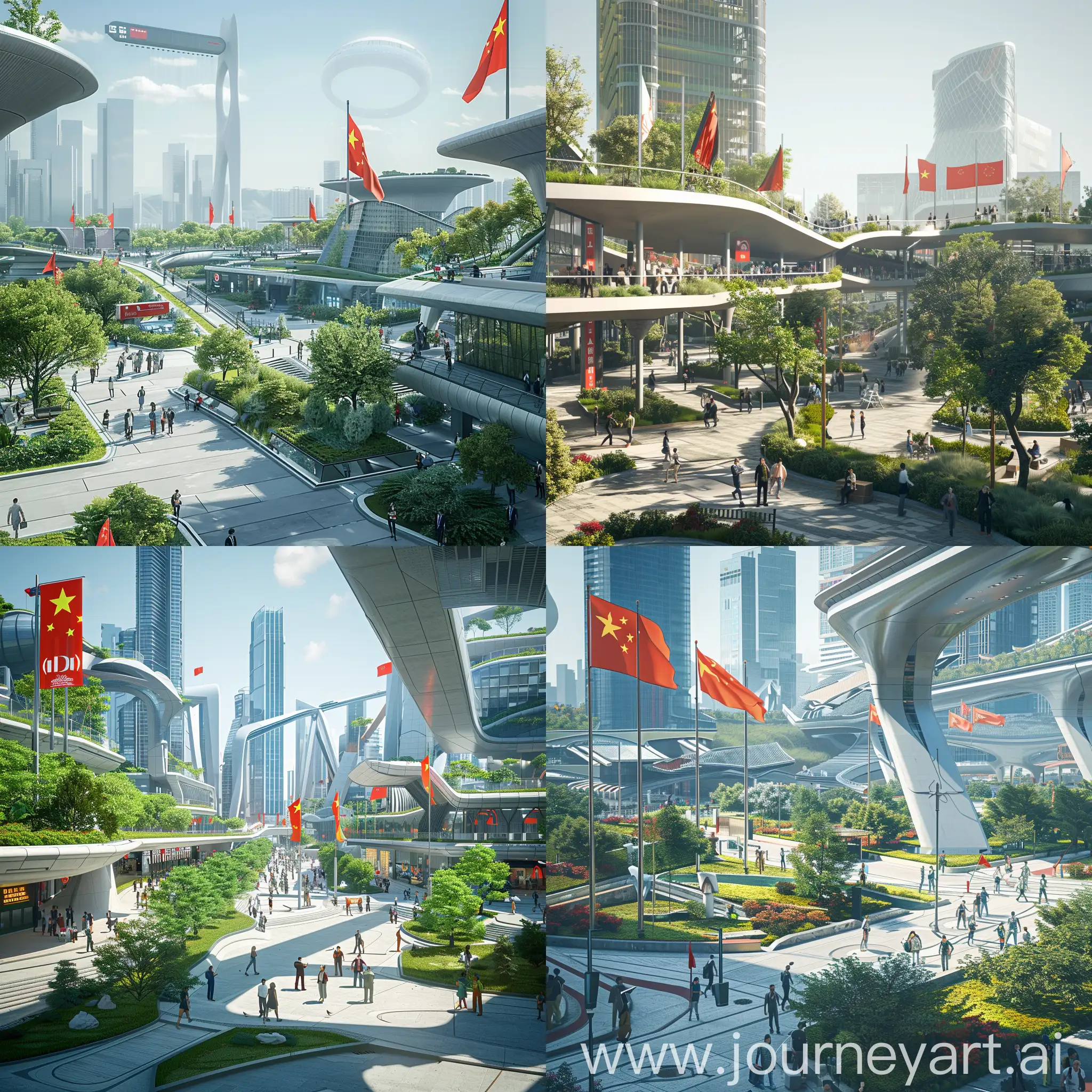 Vibrant and futuristic innovation park in the heart of Shenzhen, China, symbolizing the dynamic growth and vibrancy of the Chinese economy. The scene is bustling with activity, showcasing a blend of advanced technology and green spaces, with people of various professions interacting and collaborating. Prominently displayed are flags and symbols representing the support and backing of the Communist Party, reflecting the harmony between innovation and governmental vision. The image should be photorealistic, capturing the essence of a thriving, modern Chinese cityscape, as seen through the lens of Midjourney v6's photorealistic image generation capabilities