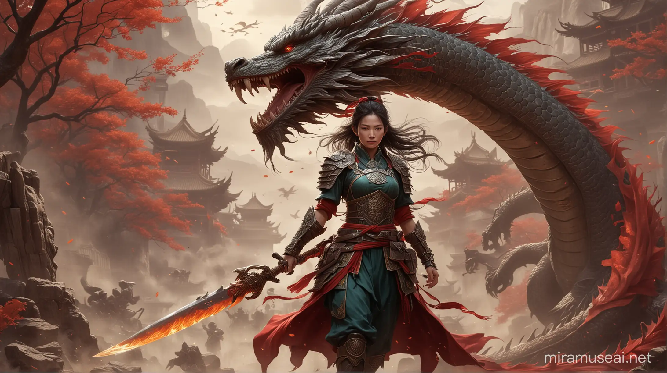 Chinese Warrior Women Battling with a Dragon in Dramatic Cloaked Setting