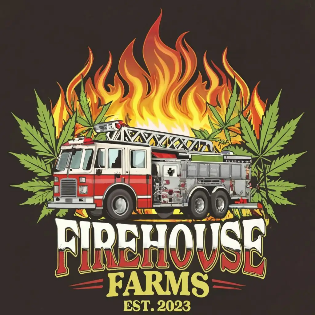 sticker logo, firetruck tower ladder with Cannabis Leaves, Flames, Smoke, with the text "Firehouse Farms", typography with EST. 2023