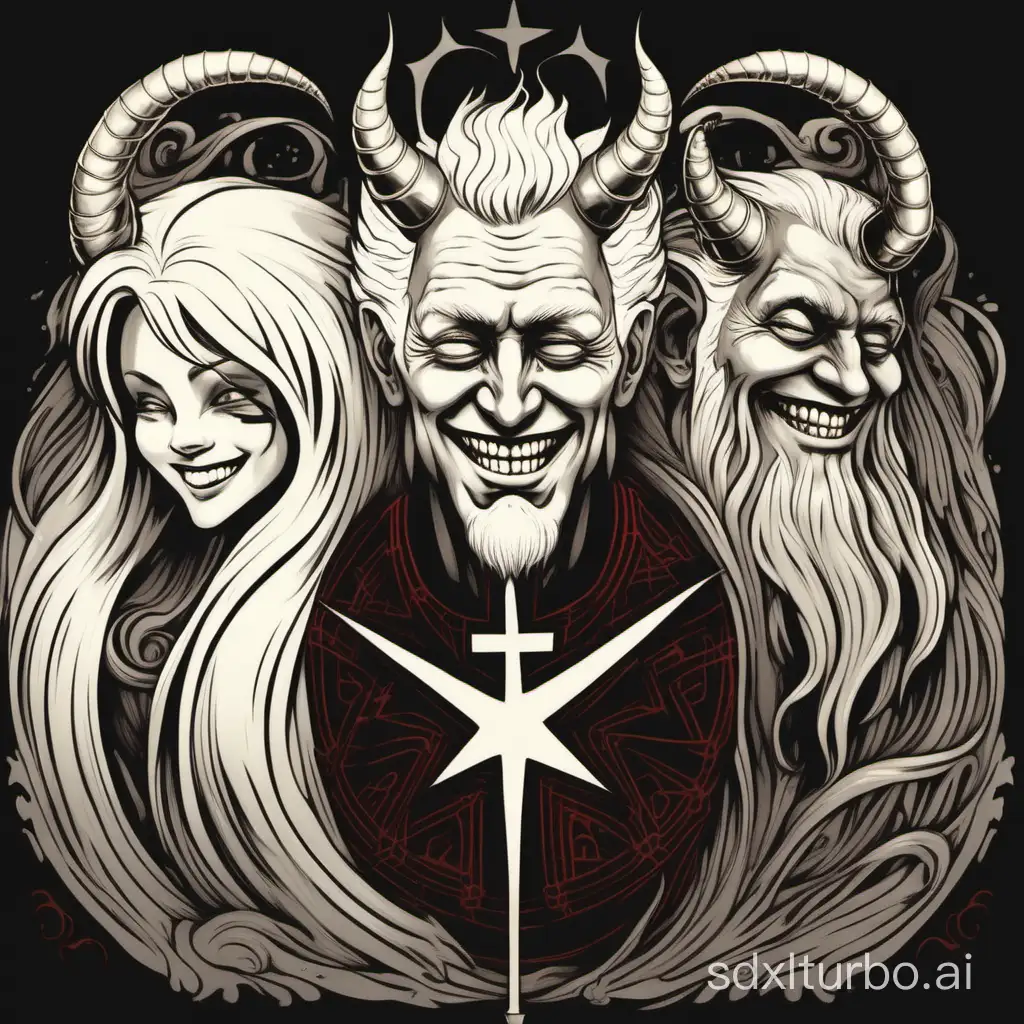 A person with two halves; one half is god with white hair and a smile, the other half is satan with a horn and a smile