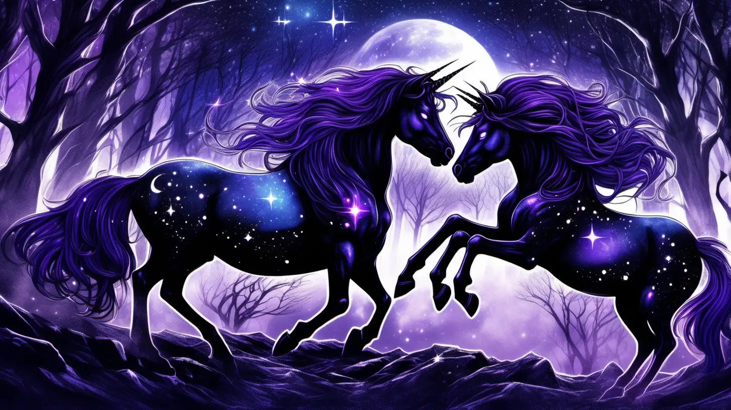 two beautiful black unicorns their coats and manes shining with stars and the universe, one male and one female, fighting to the death,  in a shadow laden dark gothic realm magical forest with various shades of purple, blue and black desolate landscape