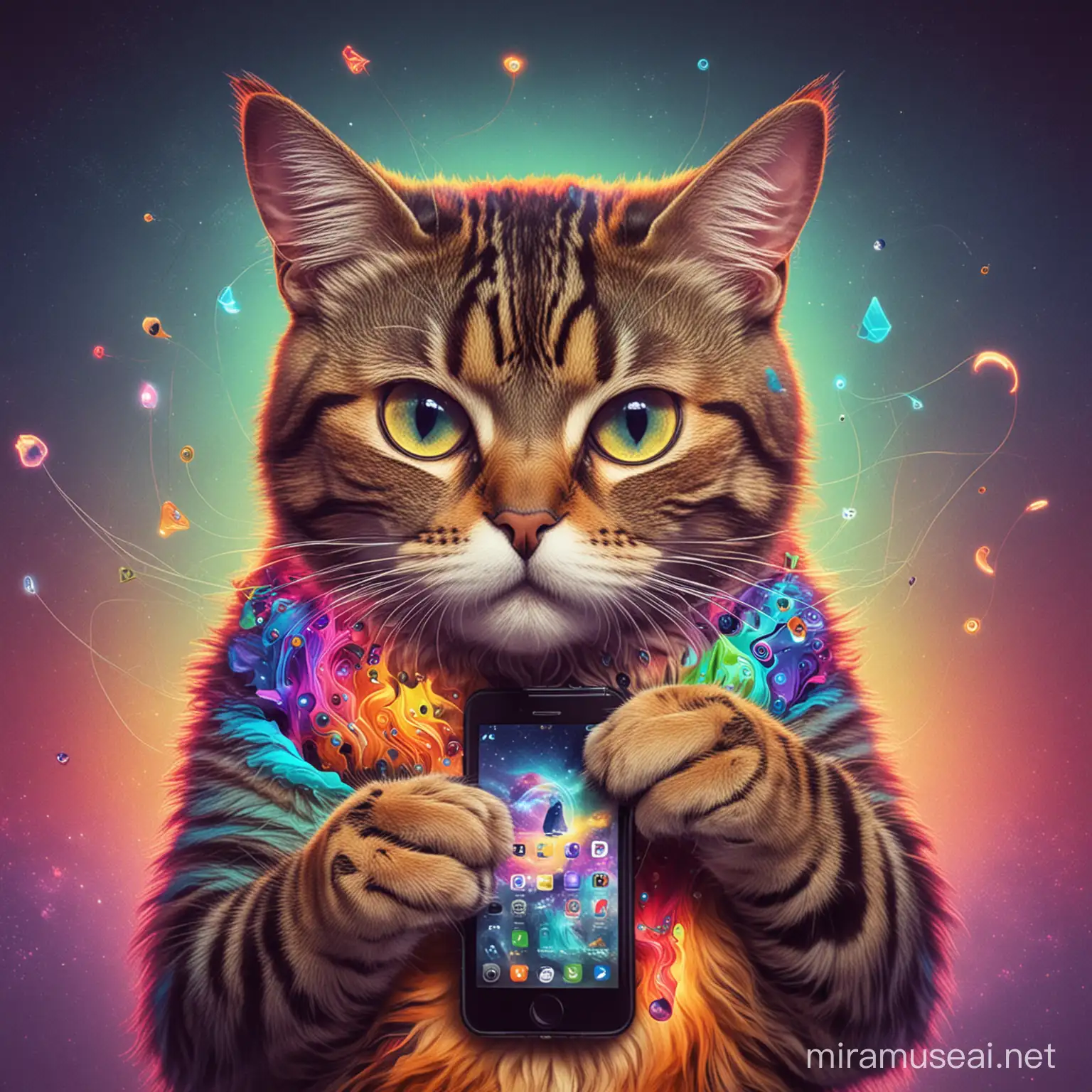 Psychedelic Cat with Cellphone in Social Media Scene
