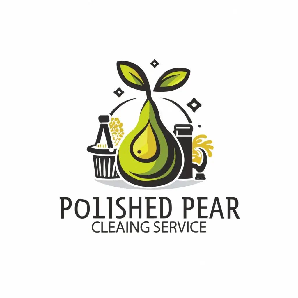 a logo design,with the text "Polished Pear Cleaning Service", main symbol:Pear, cleaning supplies,Moderate,Home cleaning,clear background