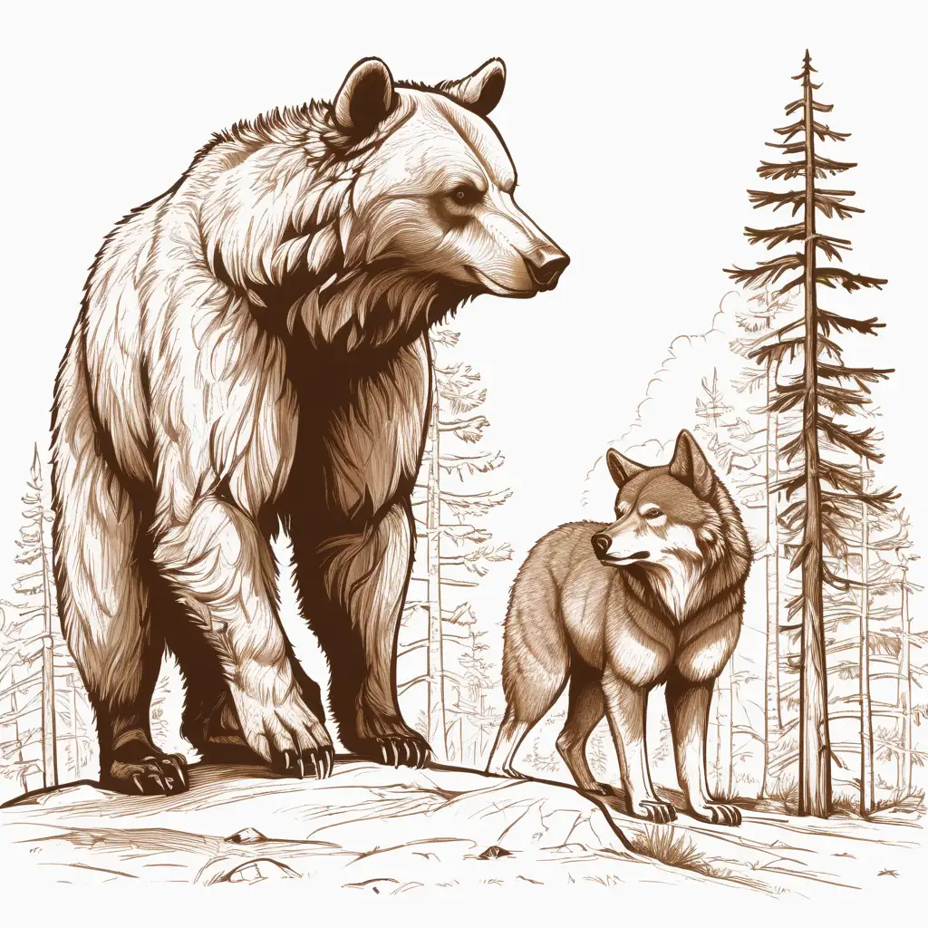 Enchanting Line Art Depicting a Brown Bear and Timberwolf in Harmony