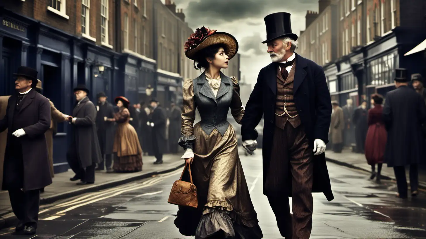 Subject: Eliza Doolittle and Professor Henry Higgins take center stage in this AI-generated image

, who share a joyous embrace conveying a deep feeling of Love. The embrace is a touching moment, capturing the essence of the stormy fate of the characters
Setting: In the background is Old London to provide context to the scene. The atmosphere is set by a cloudy, gloomy sky, heightening the emotional tone and reflecting the brooding nature of the classic novel.
Style/Color: The image is rendered in a dramatic style that enhances the emotional impact of the embrace. The color palette leans towards darker tones, complementing the gloomy mood and emphasizing the gothic elements of the environment.
Action: The characters' embrace is frozen in time, allowing the audience to think about Eliza Doolittle and Professor Henry Higgins. The stillness of the moment creates a sense of timelessness and highlights the enduring nature of their friendship and devotion.
Subjects: The key subjects in the picture are Eliza Doolittle and Professor Henry Higgins, whose postures and expressions convey the depth of the friendship. The streetscape of Old London adds literary significance and anchors the scene in the narrative of the classic novel.
Costume/Appearance: Characters are depicted in period-appropriate clothing that remains true to the historical context of the novel. Their clothing reflects societal norms and adds a visual representation of authenticity.
Accessories: The absence of specific accessories focuses attention on the characters and the setting and emphasizes the emotional core of the picture. Cinematic photograph, shot with lens 35m 16:9 V6.0