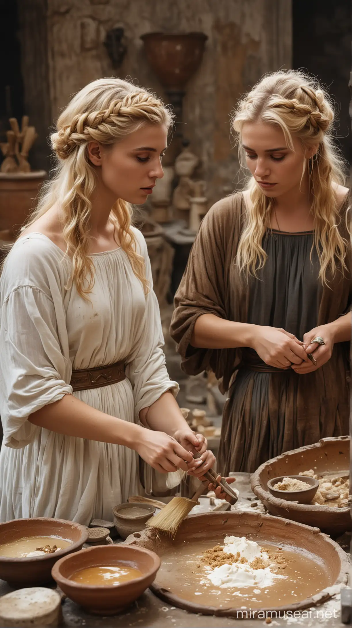 Two (((blonde haired women))) in ancient Rome, engaged in the meticulous process of mixing and applying ((bleaching agents)) and dyes, surrounded by vessels and tools indicative of the era in a moody place