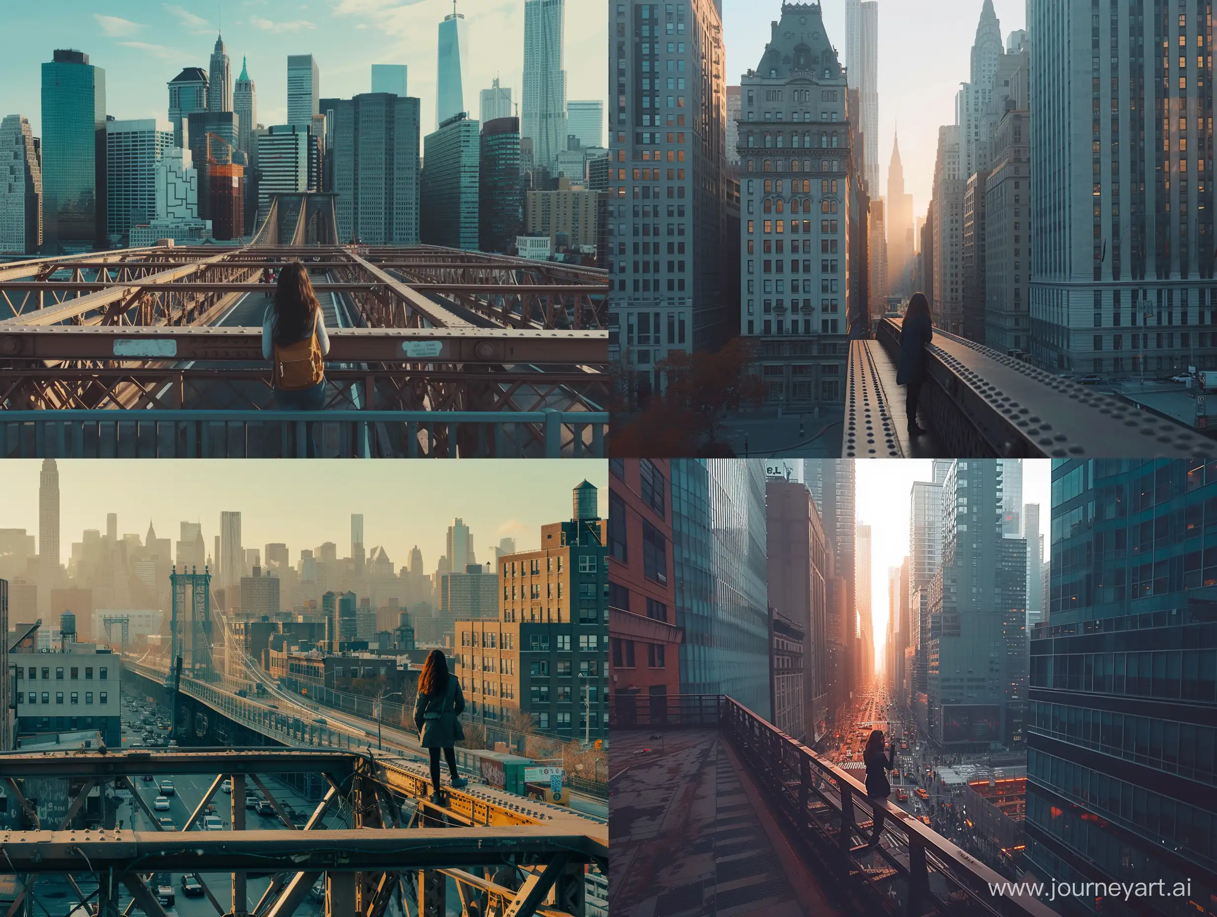 a bustling new new york city, the photo is bathed in natural lighting, day time setting. Shot in 4k with a high end DSLR camera. such as a Canon EOS R5 with a 50mm f/1. 2 lens, architecture, drone view, skyline, a woman standing on a bridge