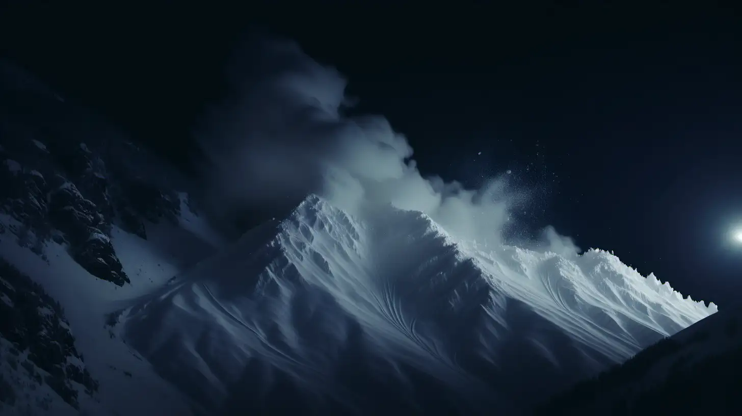  Snow avalanche in the mountains, cinematic composing, night effect, cinematic framing —AR 2:1 — 16:9 

