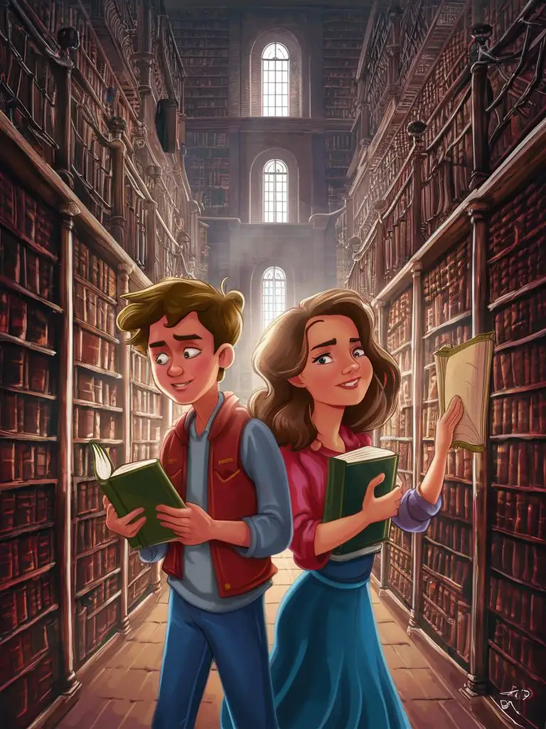 young guy and girl trying to find something in big library, more details