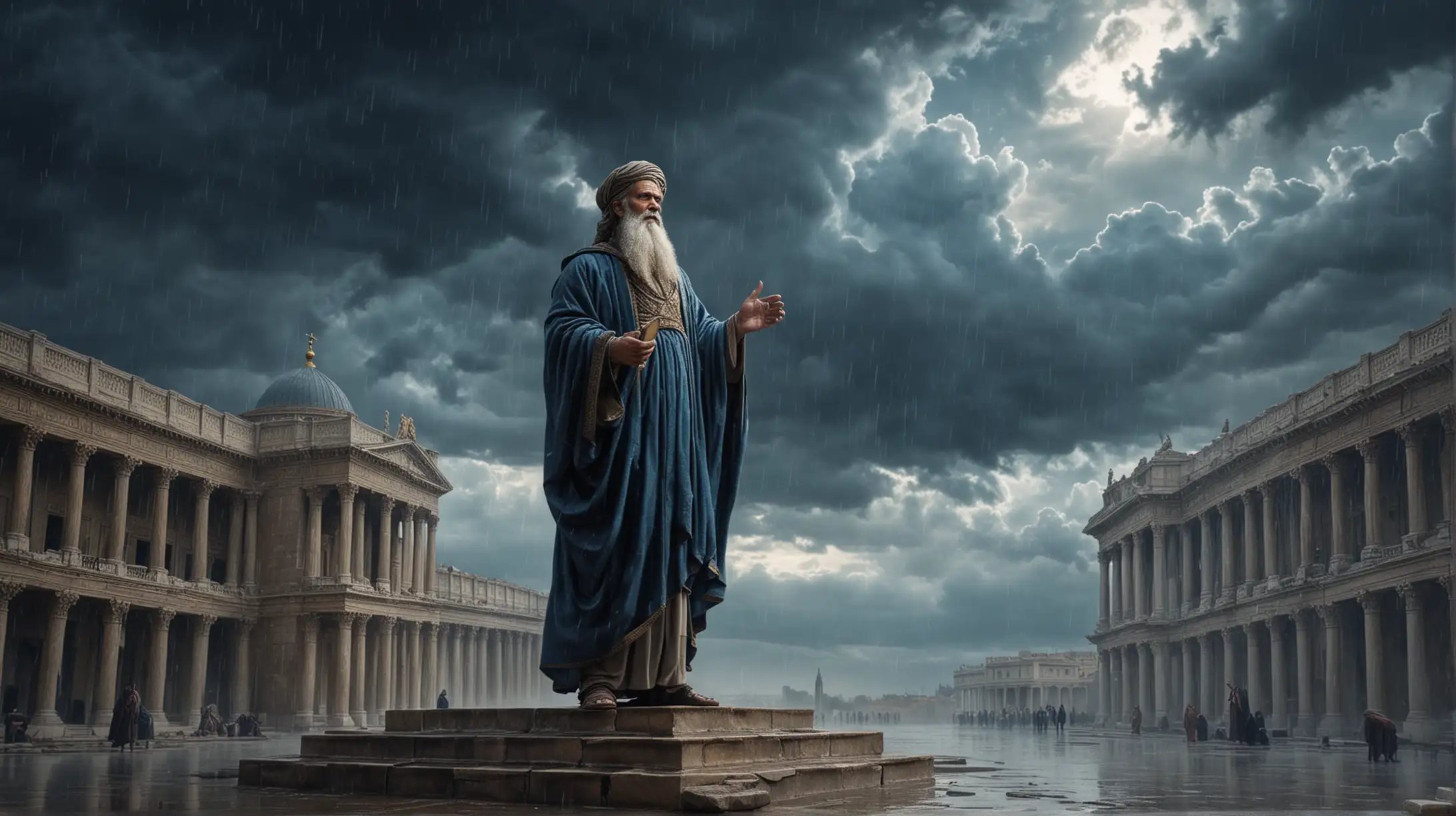 Prophet Jeremiah, biblical history, palace, dark blue cloudy background, raining