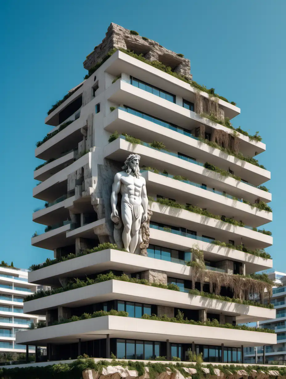 front view of a modern apartment building dedicated to the god Poseidon, including a statue of him, with a view of the sea and stone and wood materials, hanging gardens
