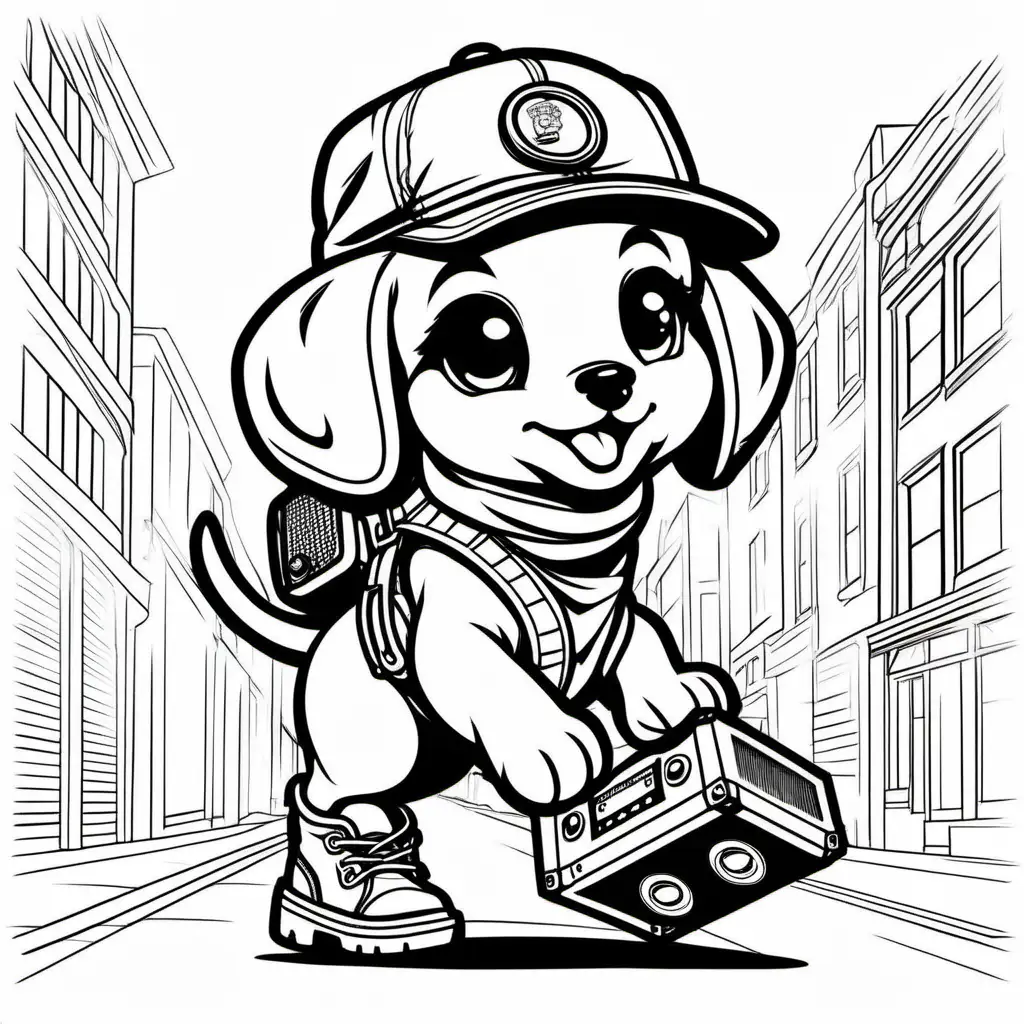 One cute Hip Hop female puppy with a hat timberland boots and a big boom box running in the street, clear lines no shading, coloring pages 
