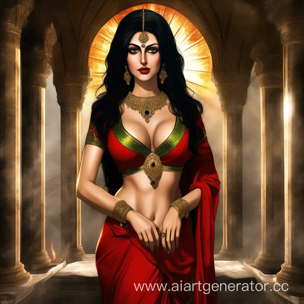 Sensual-Persian-Empress-in-Red-Sari-Amidst-Medieval-Palace-Splendor