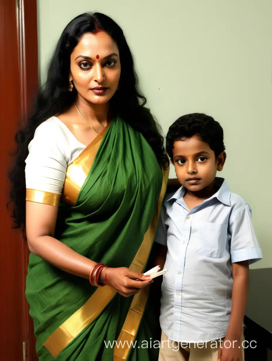 Kerala-Woman-in-Saree-Assisting-Son-with-Homework