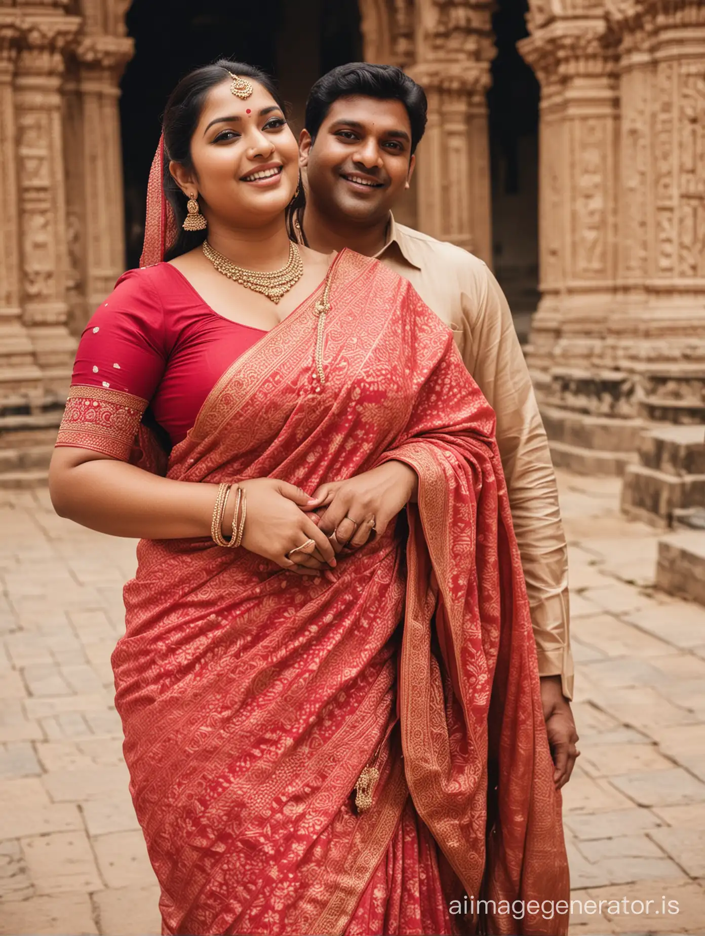 Beautiful indian plus size women with her husband in temple