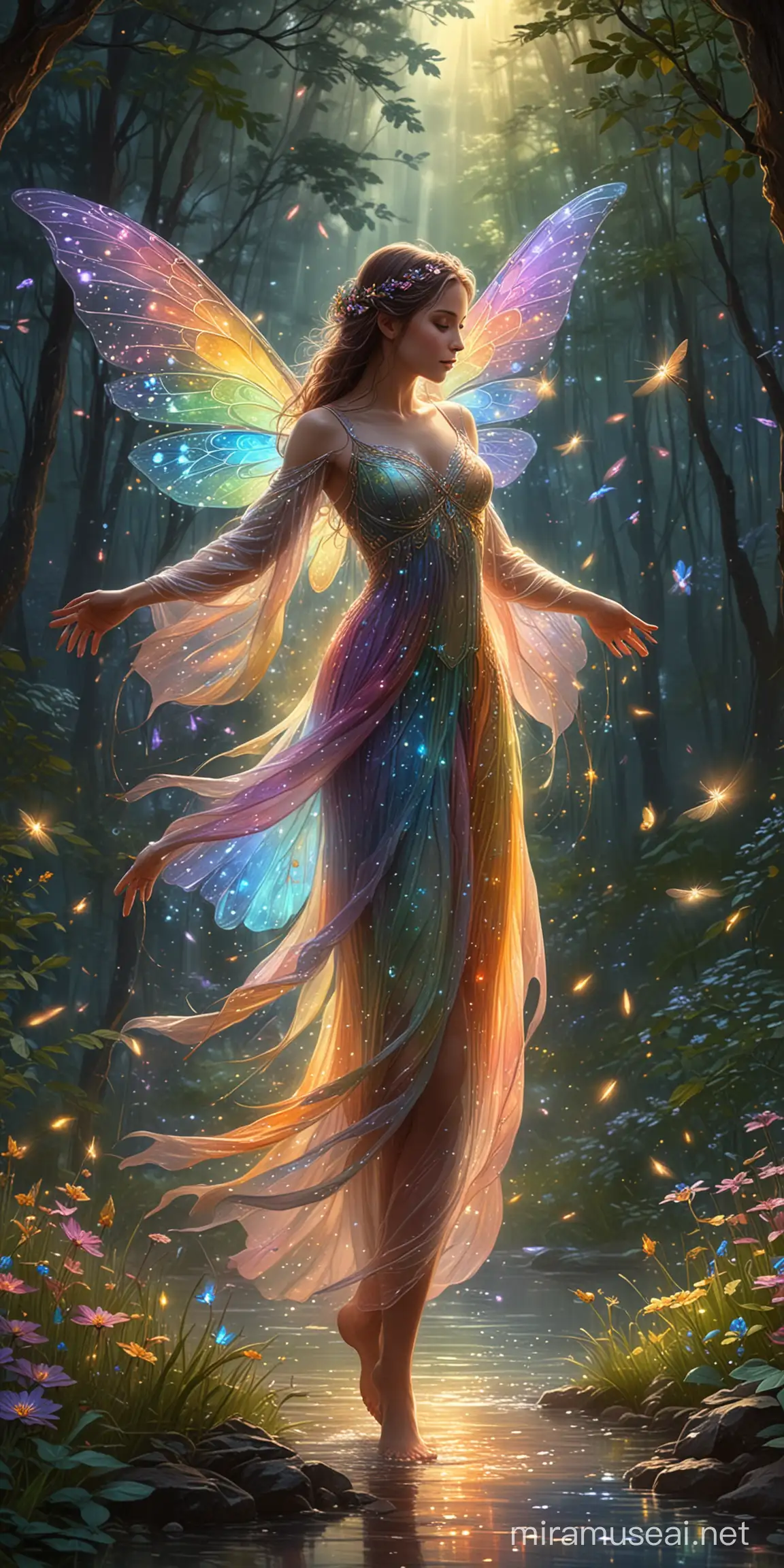 Enchanting Fairy Dancing with Fireflies in Radiant Rainbow Glow