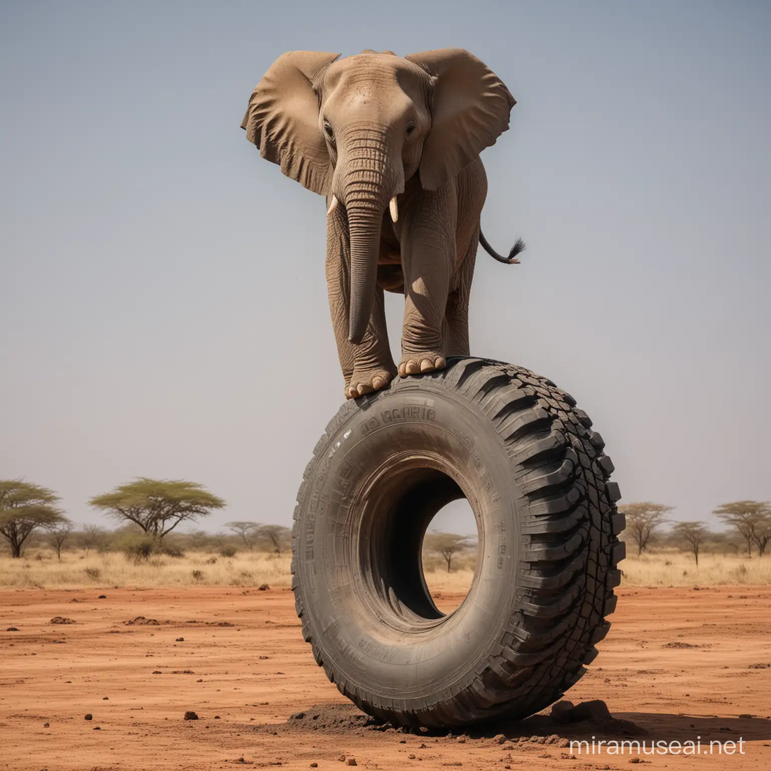 Ein Elefant balanciert auf einem hochkant stehende Autoreifen, der sichtbar seine Luft über ein Loch verliert - dass die Luft austritt sieht man richtig. und es fällt dem Elefanten schon schwer noch darauf zu balancieren