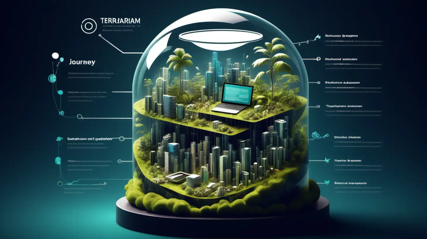 Create a visual representation of the journey and achievements of a software developer in optimizing a database system, as described in the article 'Boosting Efficiency: Terrarium Team Slashes Disk and RAM Usage by 20%'. The image should capture the essence of a young, ambitious developer who joined Synerise with little experience but quickly made significant contributions. Highlight the innovative use of chunks in the database for efficient storage and the creation of the Terrarium Migrator app. Include visual metaphors to represent the reduction in disk and RAM usage, the complexity of handling 1.5 billion events daily, and the personal growth and satisfaction of the developer. Show elements like data streams being efficiently processed, a vibrant, tech-driven environment, and a sense of accomplishment. The style should be futuristic and dynamic, reflecting the cutting-edge nature of the technology and the developer's journey from a novice to a key contributor in a challenging project.