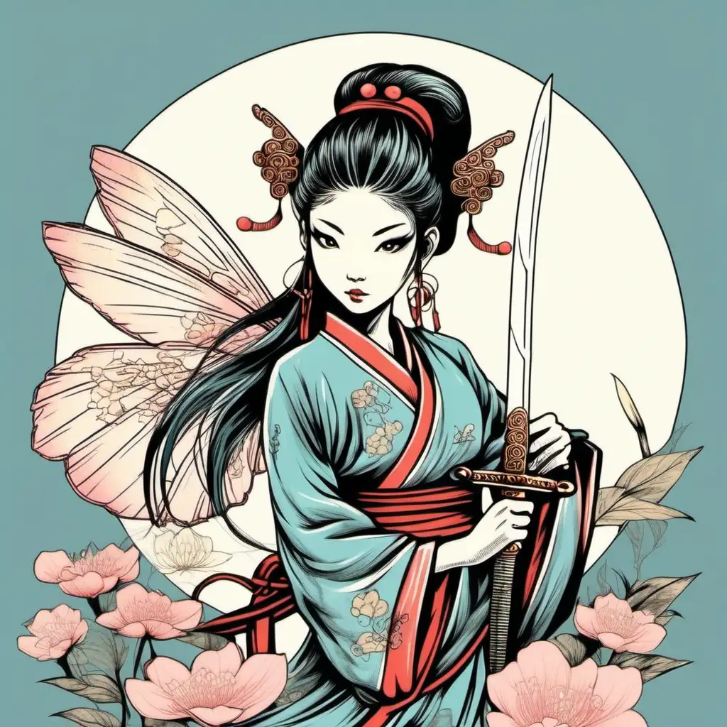 chinese fairy with sword in hand drawn