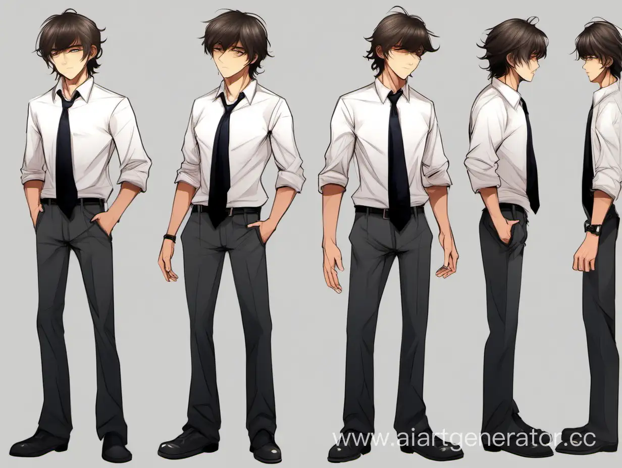 He is of short stature and of medium build. He has tanned skin, long disheveled dark brown hair with bangs slightly covering one eye, narrowed light brown eyes. He's wearing a shirt with a black tie and black pants. He slouches a little. Concept art. in full height.  he's 16. блять ноги потолще делай